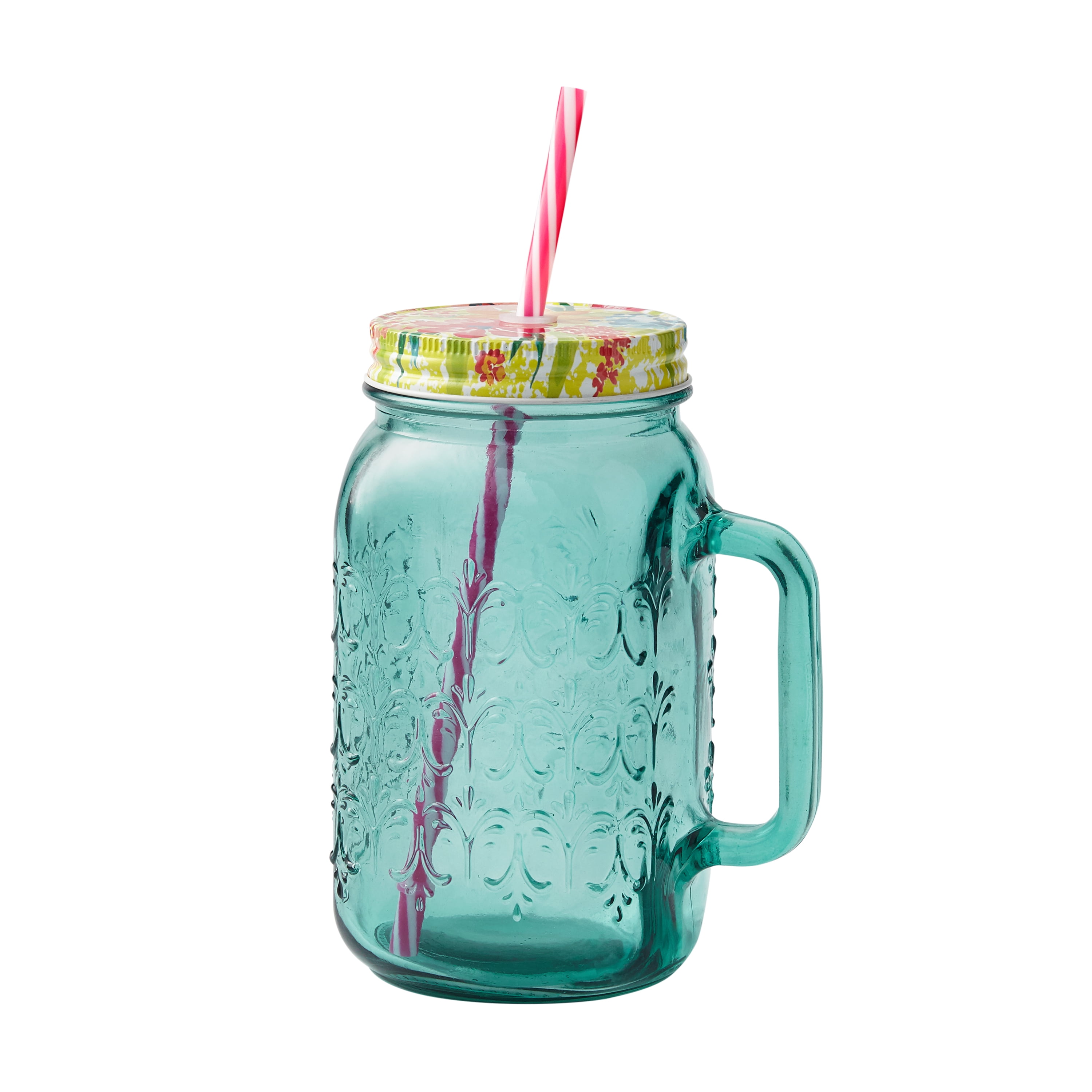 The Pioneer Woman Sunny Days 32oz Mason Jar With Handle Lid & Straw Teal Color