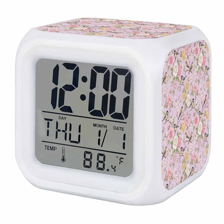 Alarm Clocks Spring Flowers Bird Digital Clock 7 Color LED Night Light Silent Non-Ticking Battery Operated Pink Floral Branches Cube Clocks Decorative for Bedroom Bedside Living Room Office School