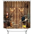 thumbnail image 2 of 4PCS Western Shower Curtain Set, Rodeo Cowboy Hat Boots Shotgun Guitar Wagon Wheel Hay Bales Ranch Wild West Brown Rustic Barn Door Country Bathroom Decor, Non-slip Bath Mat, Farmhouse, 2 of 7