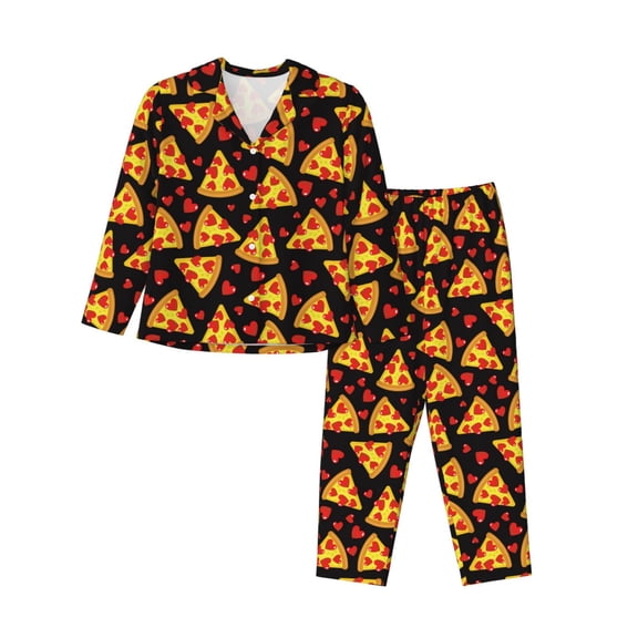 Hirioo Cartoon Pizza for Women's Pajama Sets 2 Piece Pjs Women's Long-Sleeved Pajama Set Button Down Sleepwear,S-XXL-
