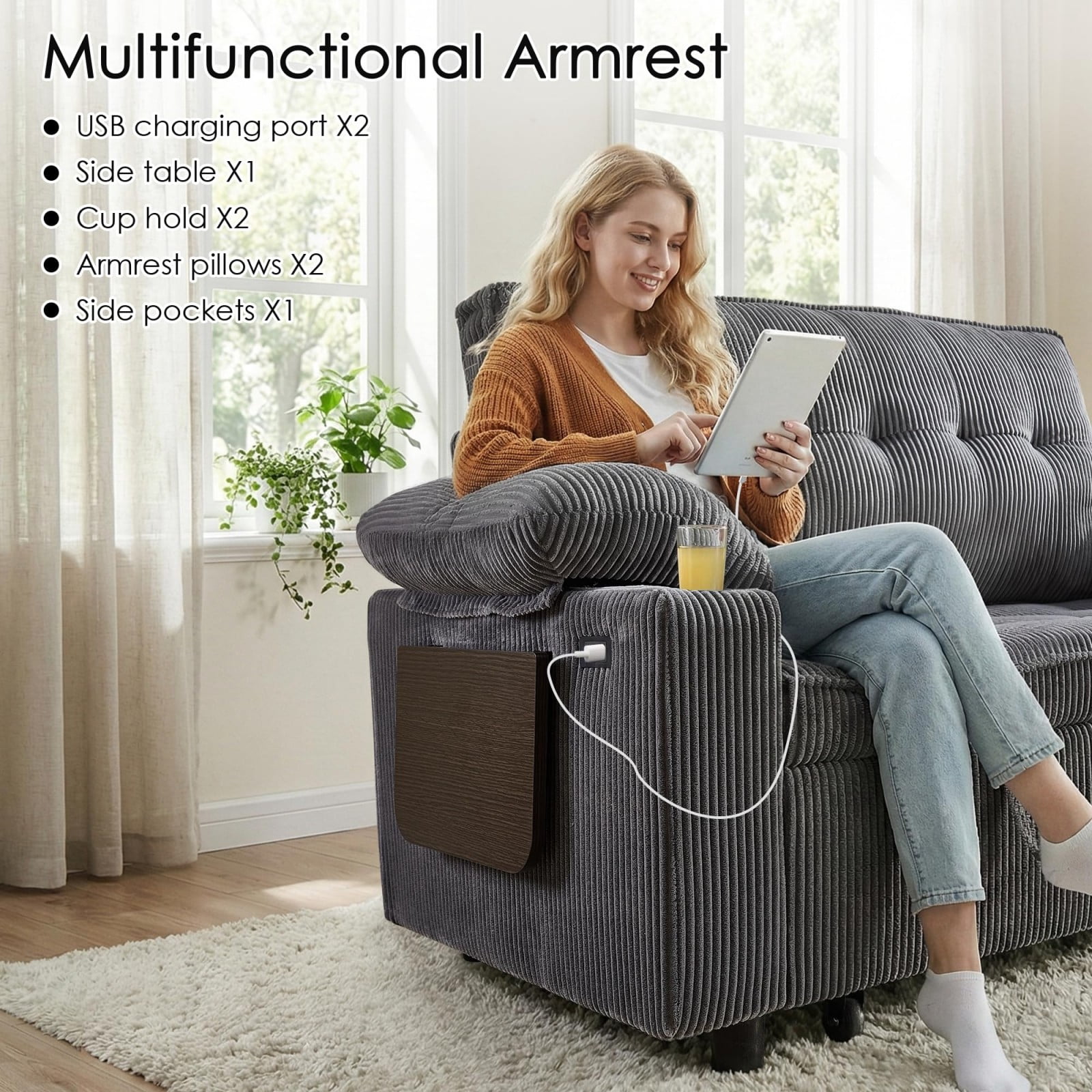 58" Sleeper Sofa Bed, Convertible Pull Out Couch Full Size Loveseat with Corduroy Fabric, USB Charging, Adjustable Backrest for Living Room Apartment Office, Dark Gray