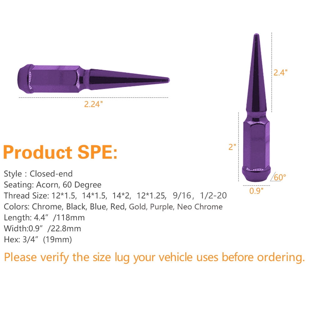 24 Pc Dodge Ram 5x5.5 Purple Spike Lug Nuts 9/16-18 Spiked Metal Lug Nuts Solid 1 Piece 4.5" Tall Acorn Lug Nut + 1 Special Design Key - Aftermarket Wheels Fits Dodge Ram 1500 Heavy Duty