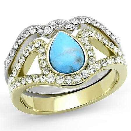 Luxe Jewelry Designs 2-Piece Women s Stainless Steel Ring with Pear Shaped Turquoise Synthetic Stone
