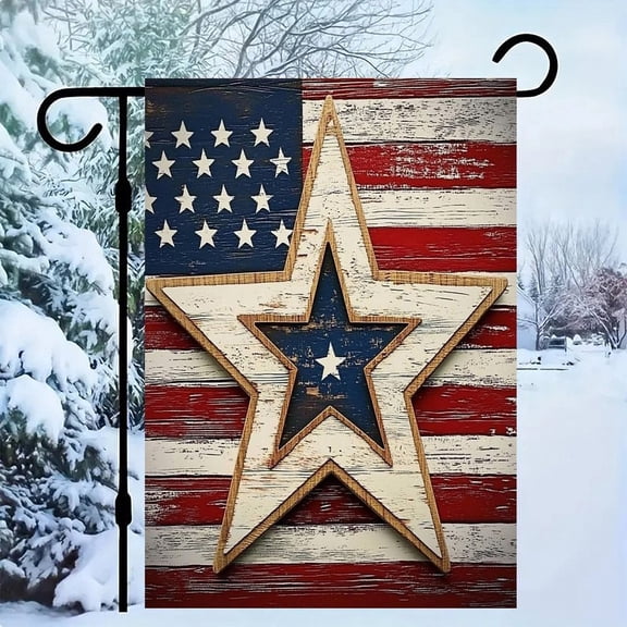 RKSupls Patriotic Linen Double Sided Garden Flag, Independence Day Themed Yard Decor, Wooden Star Rustic Flag Outdoor Banner for Holiday Lawn