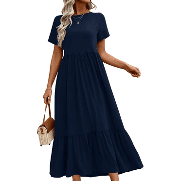 UVN Long Dresses for Women Summer Short Sleeve Casual Crewneck Maxi Dress with Pockets