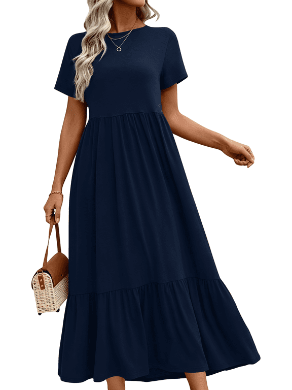Maxi Dresses for Women Summer Short Sleeve Casual Crewneck Long Dress with Pockets