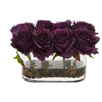 Nearly Natural 5.5in. Blooming Roses in Glass Vase Artificial Flower Arrangement, Purple