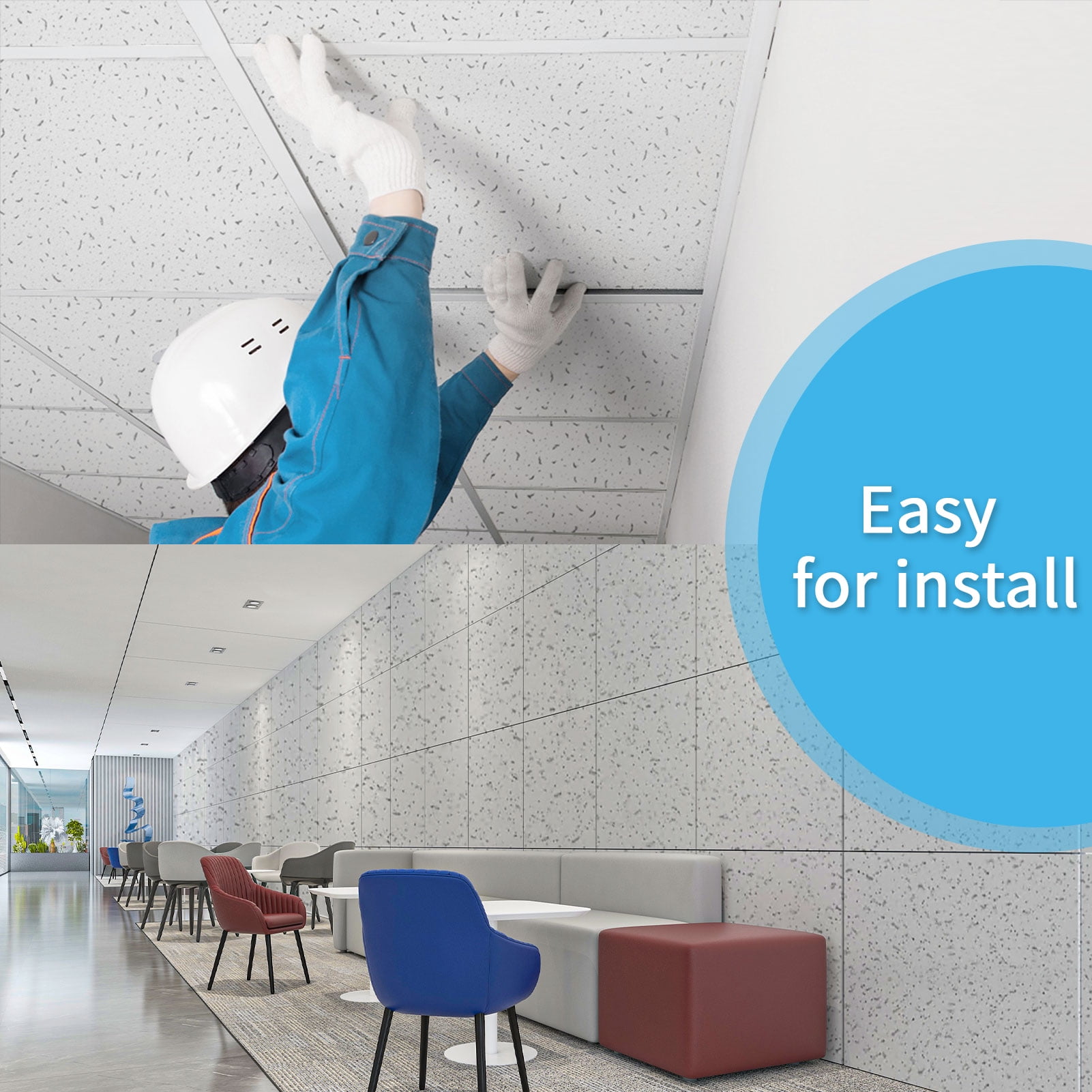 Art3dwallpanel 12-Pack 2x2ft Waterproof Ceiling Tiles, Acoustic, No-Sag Panels for Basement & Office,White Stucco Printing