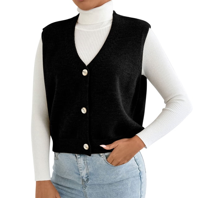 Xfvqtps Sweater Sweater Vest Womens Solid Color V-neck Knitted Sweater Button Sleeveless