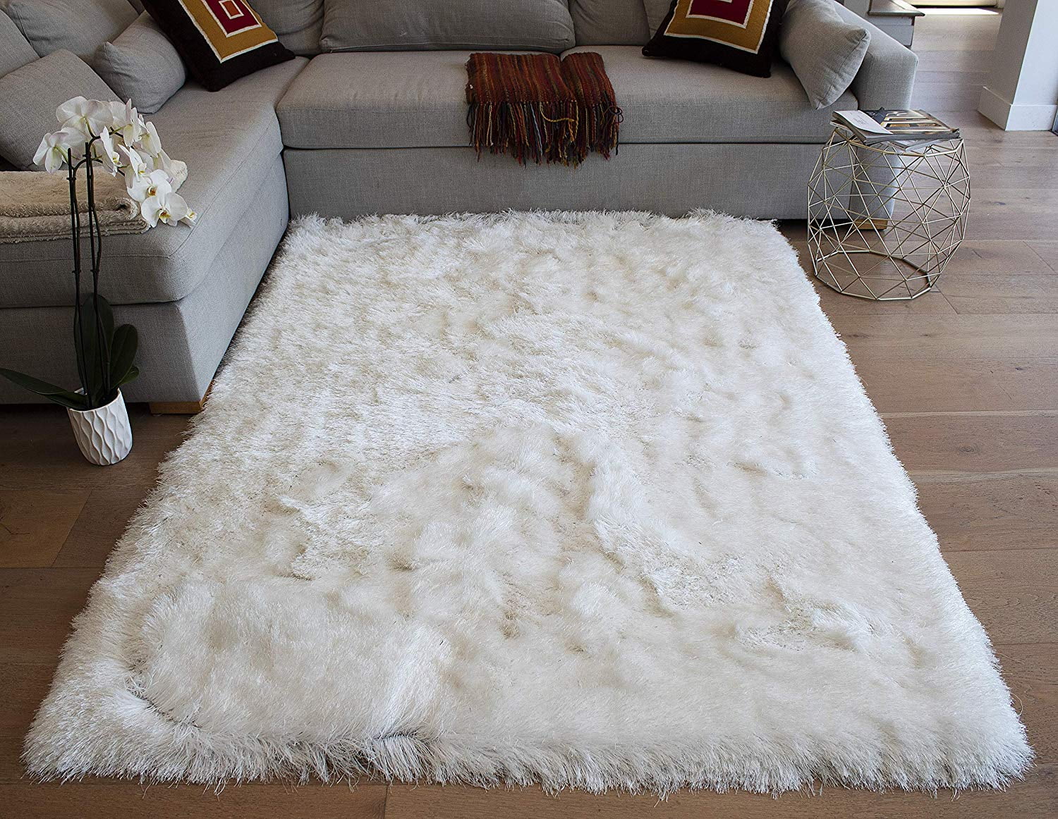 white furry living room rug