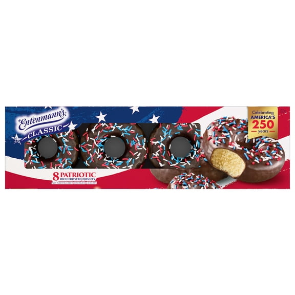 Entenmann's Classic Patriotic Donuts, 8 count, Kosher Rich Frosted Chocolate Sprinkles Donuts, 16 oz Box