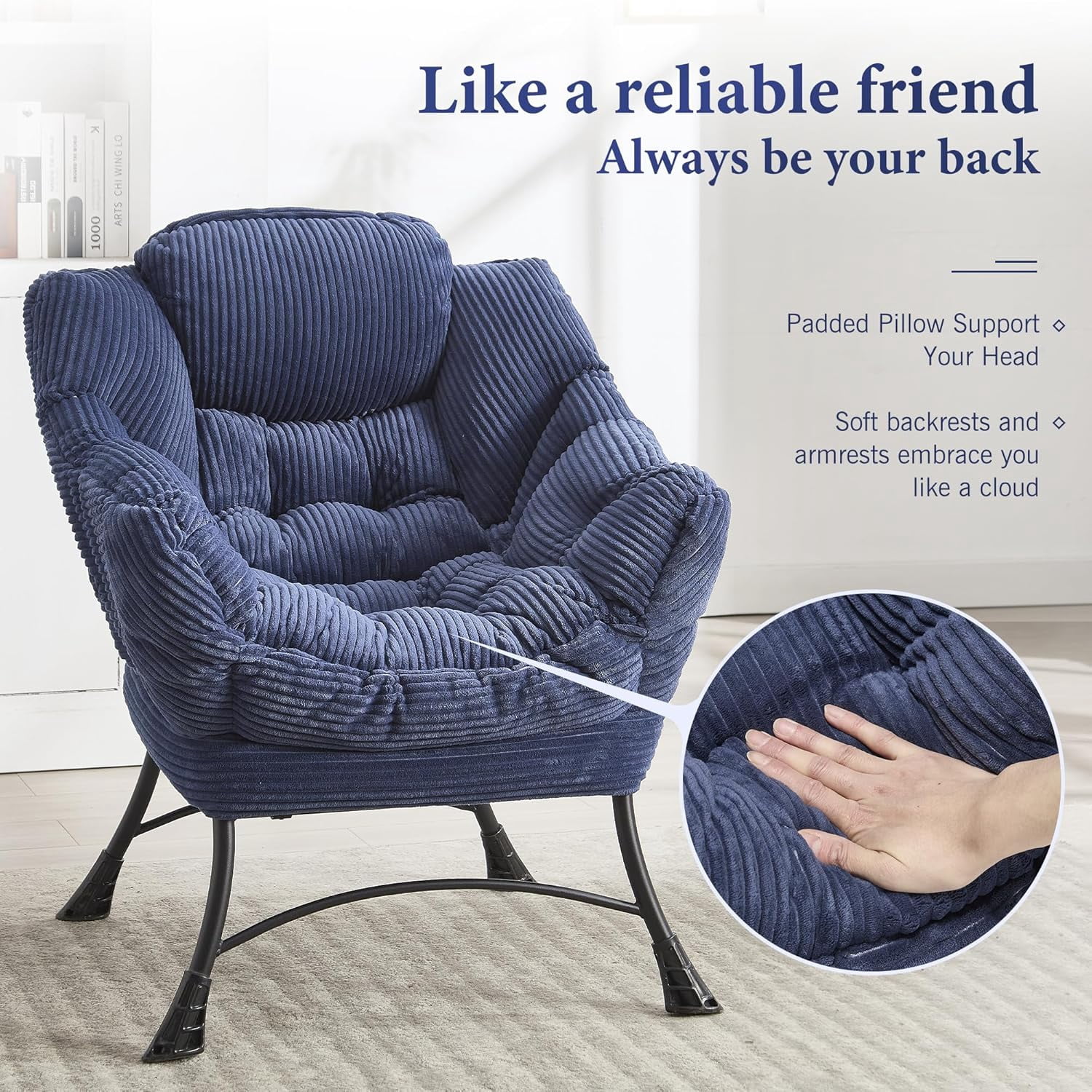 MOONMISS Corduroy Upholstered Oversized Lazy Chair Set of 2 with Folding Ottoman and a Side Pocket,Navy Blue