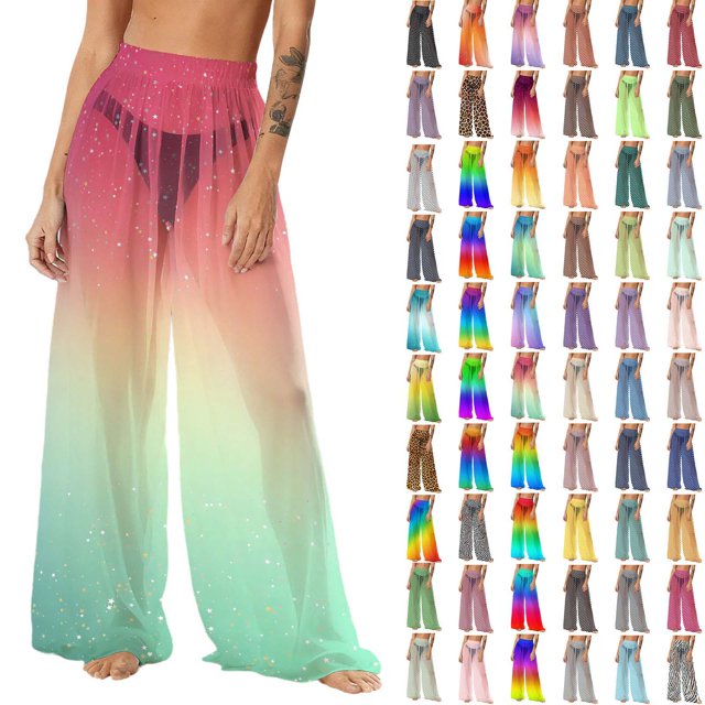 Pincandy Women's Cover Up Pants Sheer Sarong Coverups Summer Boho Beach Pant Elastic Waist Palazzo Cover Up Pants