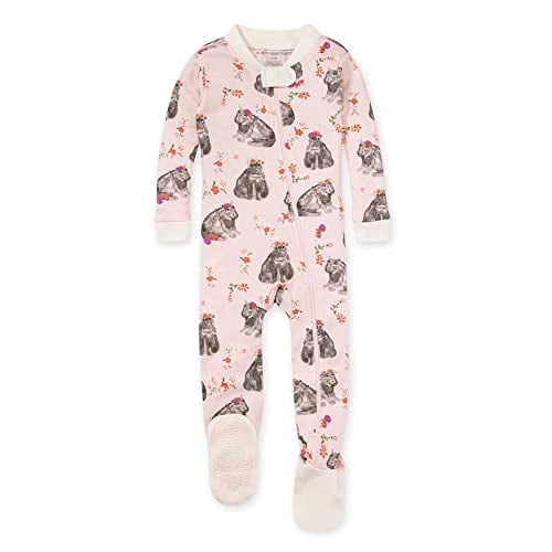 Burt s Bees Baby Baby Girls Pajamas, Zip Front Non-Slip Footed Sleeper Pjs,  100 Organic Cotton, Happy Hippos, 6 Months