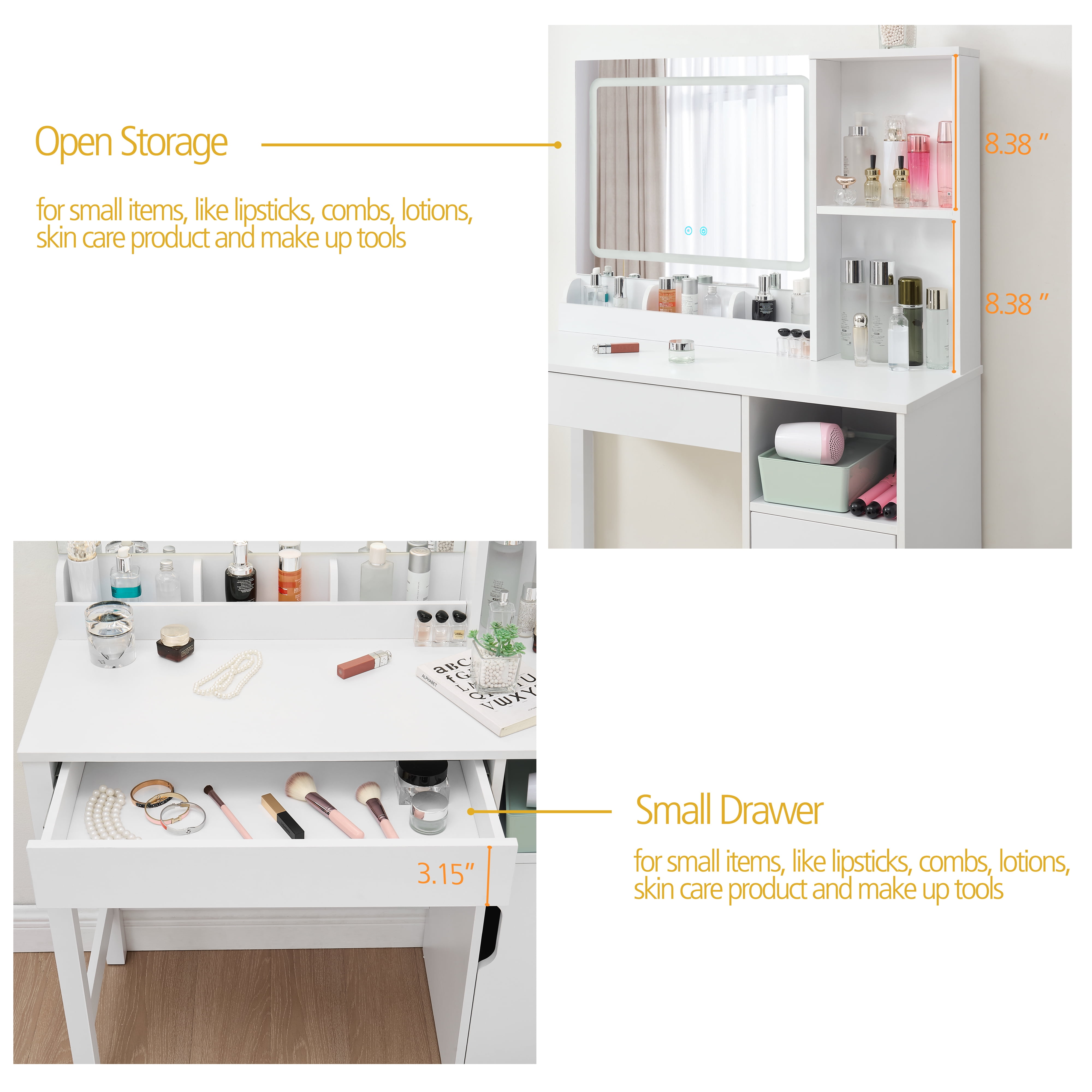 Mainstays Get Ready with Me GRWM Vanity Table with Lighted Mirror and Storage, White Finish