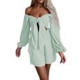 thumbnail image 2 of VISgogo Traje casual para mujer, blusas cortas de manga larga con hombros descubiertos de color sólido + pantalones cortos sueltos con volantes VISgogo  moda, 2 of 8