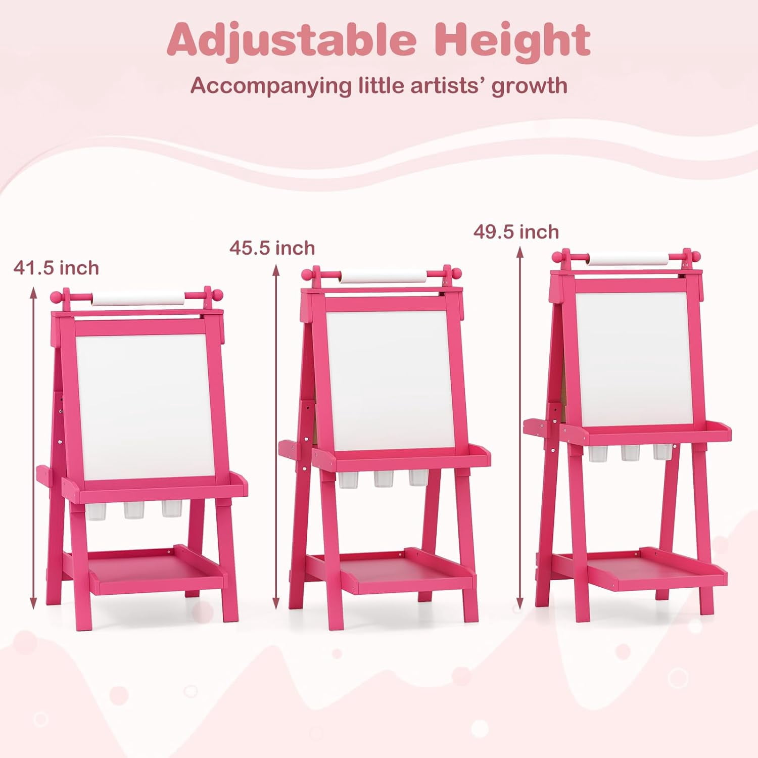 OLAKIDS Easel for Kids, 3 in 1 Adjustable Painting Art Board, Foldable Double-Sided Wooden Drawing Chalkboard Magnetic Whiteboard with Paper Roll, Storage Rack, Cups for Boy Girls