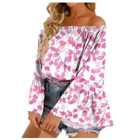 

Bospose Long Sleeve Shirt Women Pink Bustier Top Women S Fashion Print Loose T-Shirt Blouse Off The Shoulder Casual Tops Lady Off Shoulder One-Word Neck Floral L Flared T-Shirt Top Xl