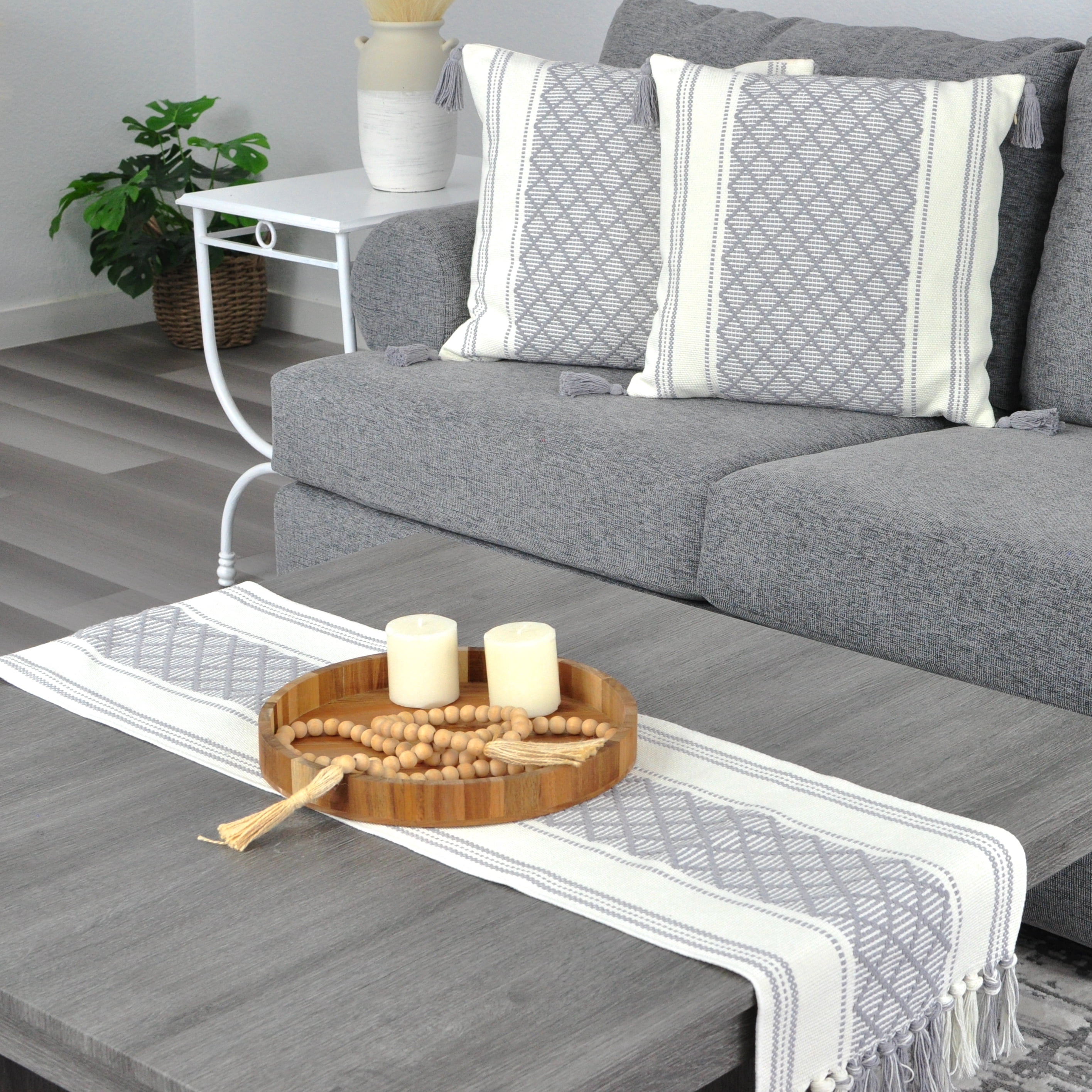 Decorative Boho Tassels Throw Pillow Covers Grey, 20x20 inch -Set of 2)/ Designer Plaid Woven Cushion Covers for Couch/ Farmhouse Gray Accent Square Pillow Cases