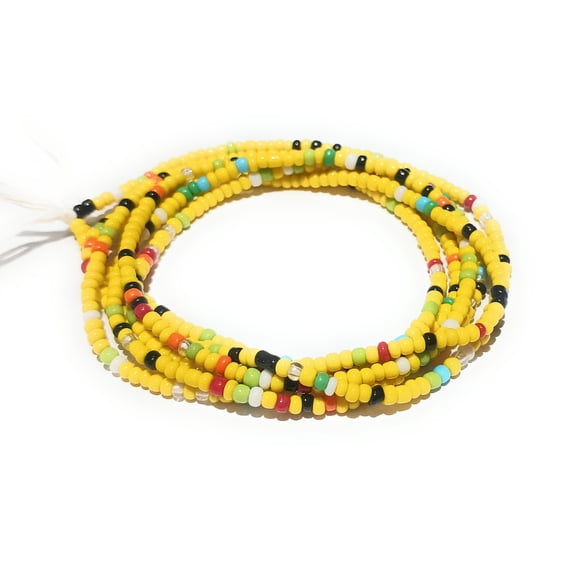 Yellow Waist Beads with Colorful Accents, 2MM Seed Beads, 44 Inches of Beads, Traditional Tie-On Cotton Thread