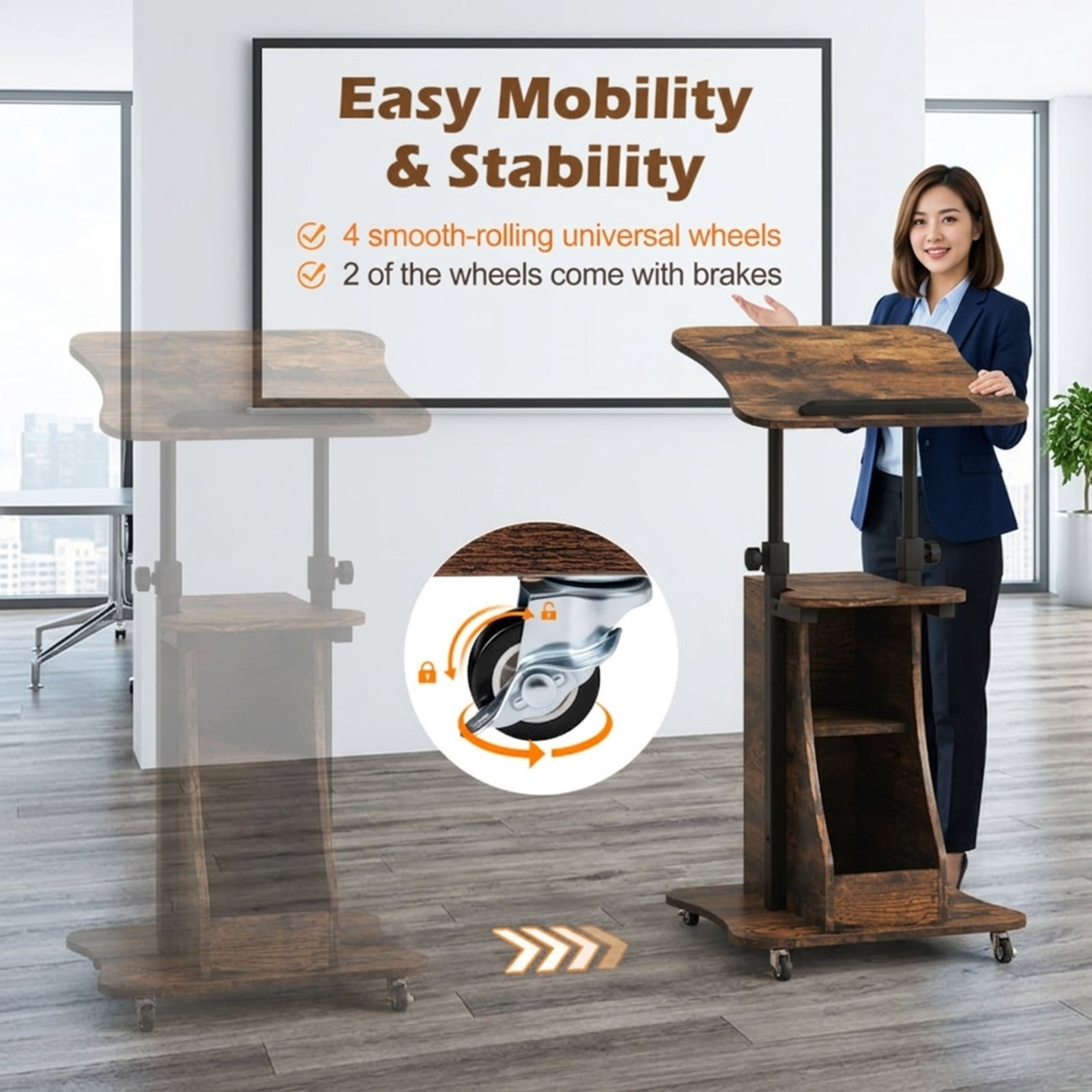 Furnibear Mobile Podium Stand Height Adjustable Laptop Cart with Tilting Tabletop Rolling Wheels and Storage Compartments for Classroom, Rustic Brown