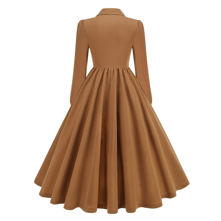 Enjoytime Fall Dresses for Women 2025 Solid Color V-Neck Long Sleeve Lapel  Cinched Waist Midi Dress Elegant Vintage Wedding Guest Dress Khaki S -  Walmart.com