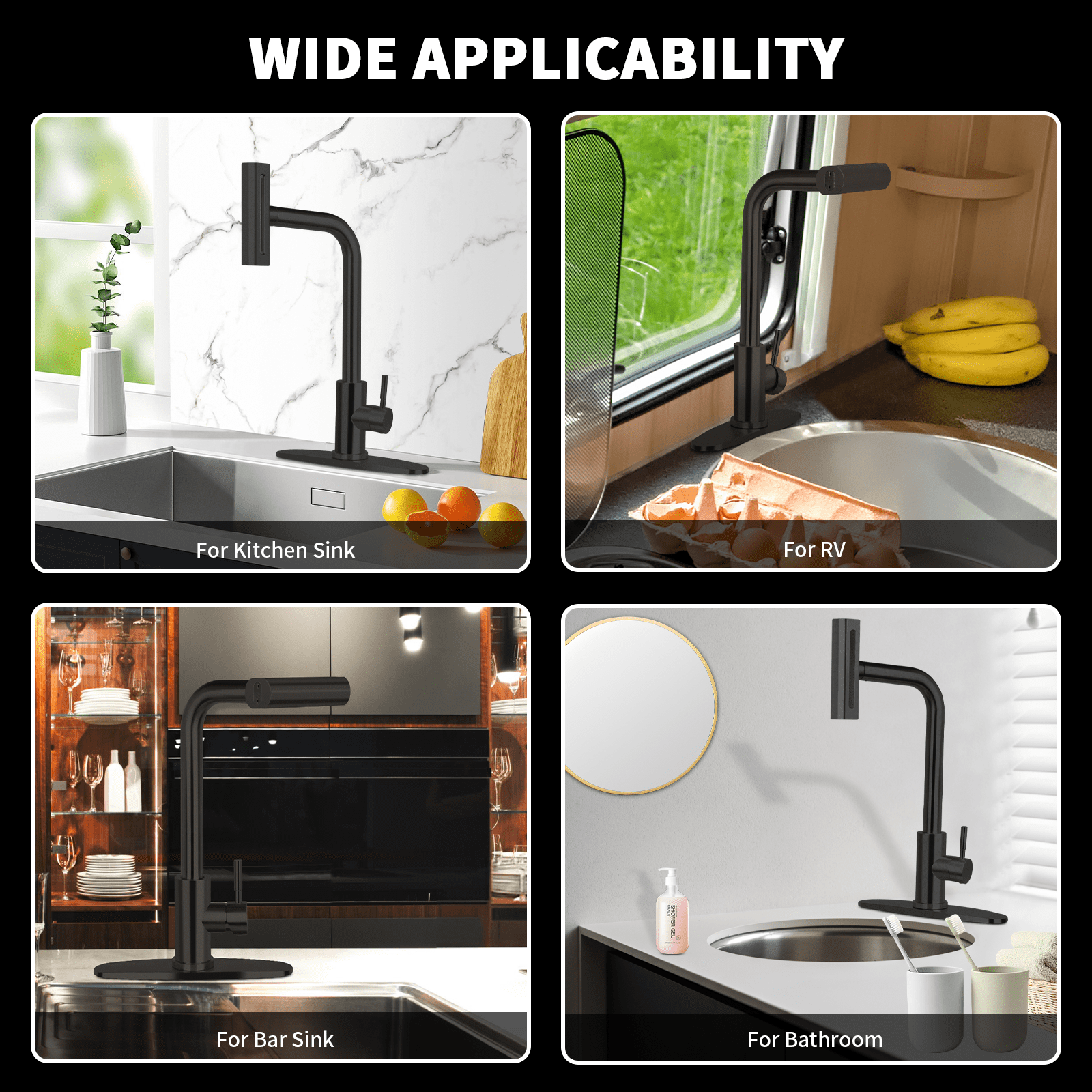 PHANCIR Kitchen Faucet with 4 Modes 15.7" Pull Down Sprayer, 360° Swivel Stainless Steel with No-Leak Ceramic Valve, Easy Install for Farmhouse Camper Laundry RV Bar, Black