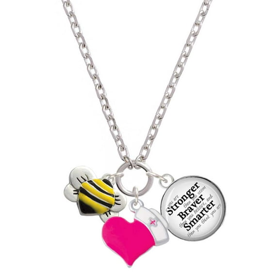 Delight Jewelry Silvertone Large Enamel Bumble Bee - Hot Pink Heart Nurse Strong Zoe Necklace