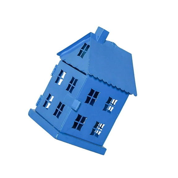 Farmhouses Blue Metal Hollowout Ice House Shape Tealight Holder for or Indoor Tabletop Shelf Decoration
