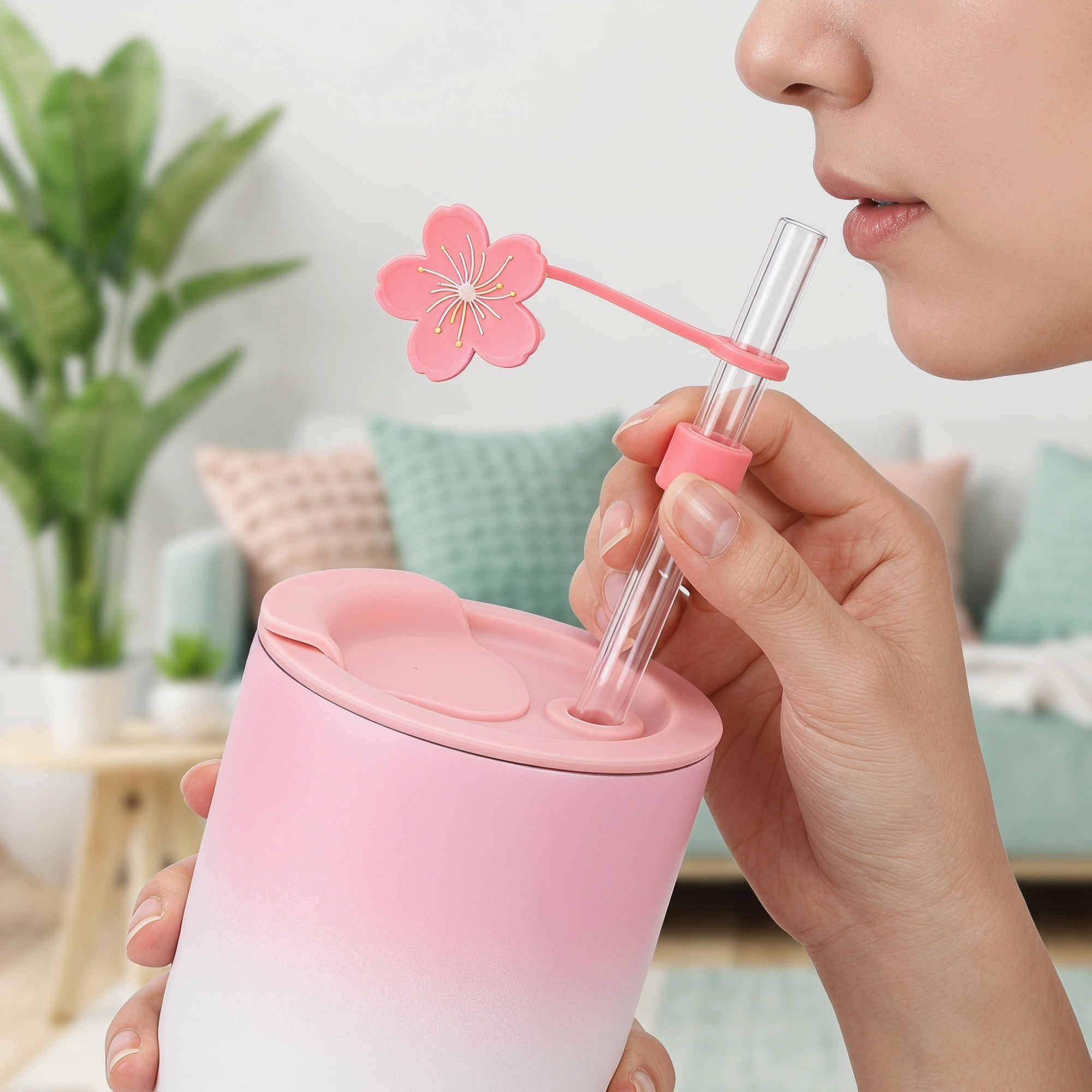 Unique Bargains 2Pcs Floral Silicone Straw Caps Reusable Dust-Proof Toppers Rose Red A