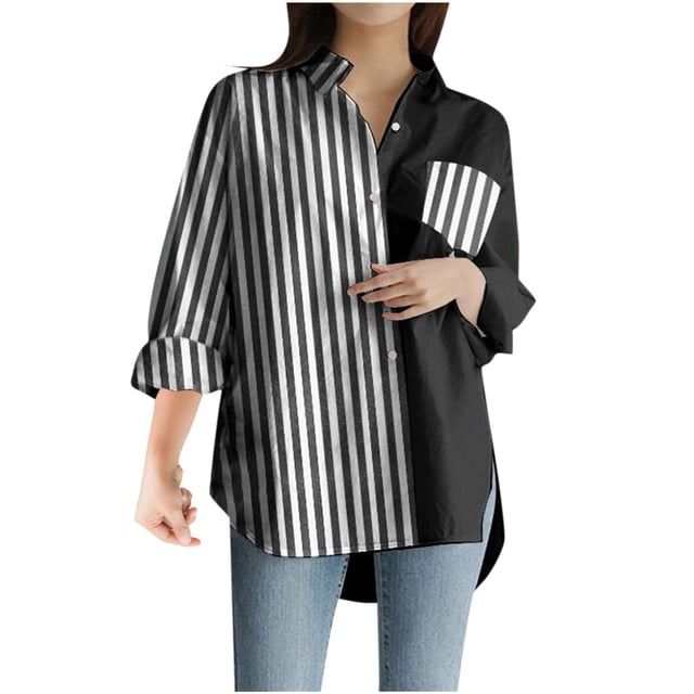 CEHVOM Blouse à Manches Longues en Satin à Rayures Col en V pour Femmes en Solde