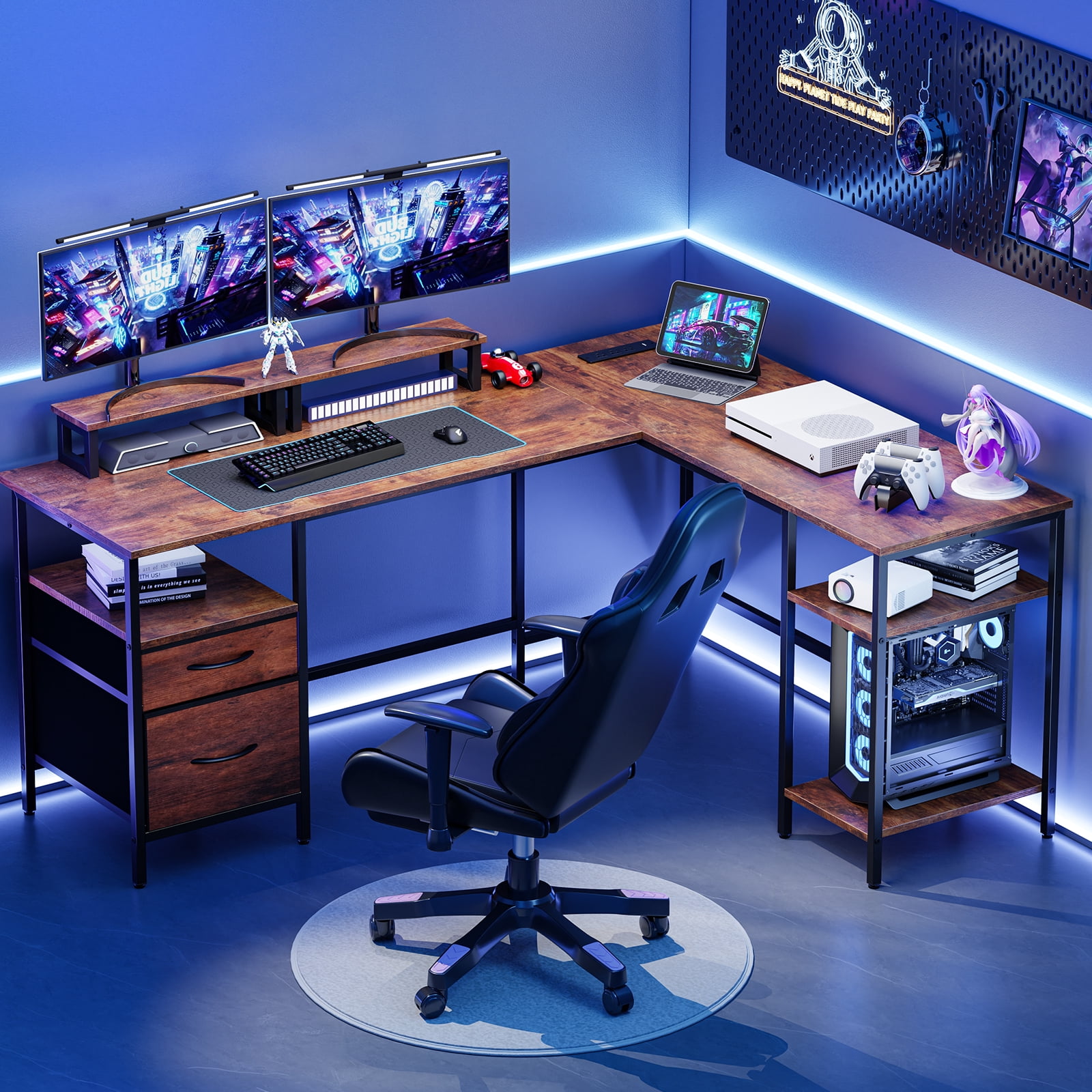 CONCETTA Modern L-Shaped Computer Desk with Power Outlet, Reversible Gaming Desk with Fabric Drawer & 2 Monitor Stands for Home Office, Rustic