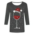 thumbnail image 4 of Hauts de Printemps pour Femmes Noël Verre de Vin Rouge Imprimé Col Rond Manches Trois Quarts T-Shirts Surdimensionnés pour Femmes Gris TTTG, 4 of 4
