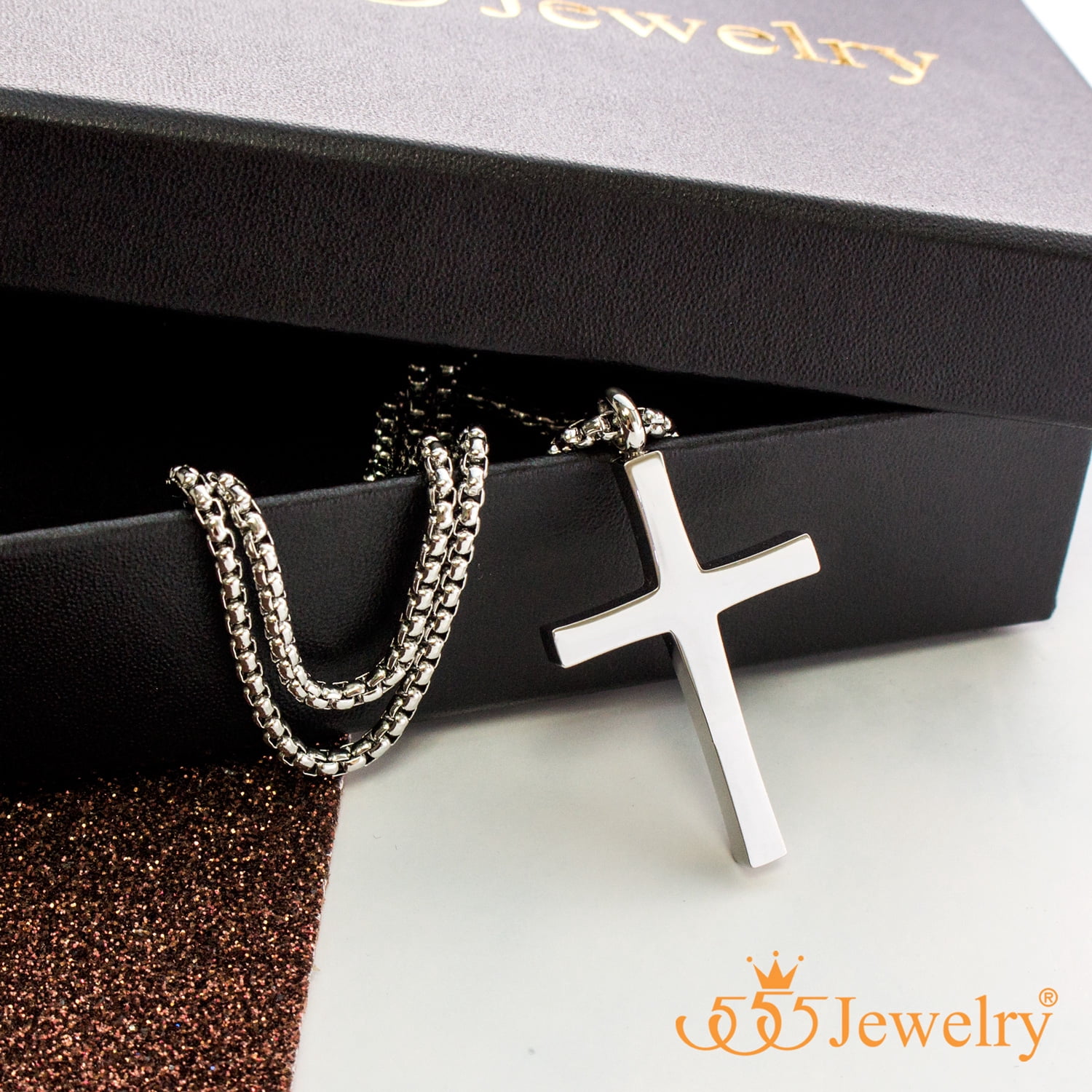 555Jewelery Stainless Steel Metal Cross Unisex Adjustable Rolo Chain Religious Christian Pendant Necklace, Silver 28 inch