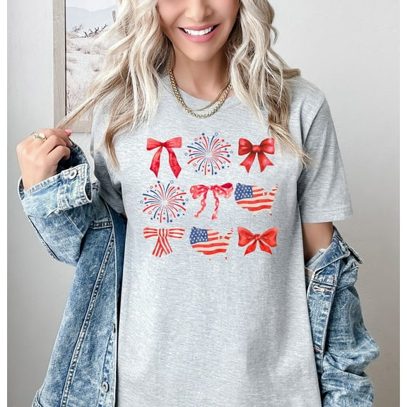 Moonlight Apparel USA Flag Bow Patriotic Multicolor T-Shirt Tee with Fireworks Ribbon Graphic Independence Day Shirt for Women & Girls