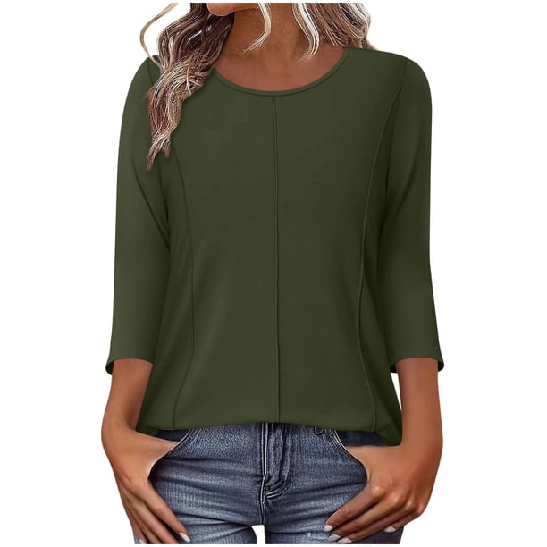 Camiseta de Cuello Redondo de Manga 3/4 de Color Sólido Casual con Poliéster Suave, Top de Primavera de Moda para el Uso Diario en Casa O en el Trabajo