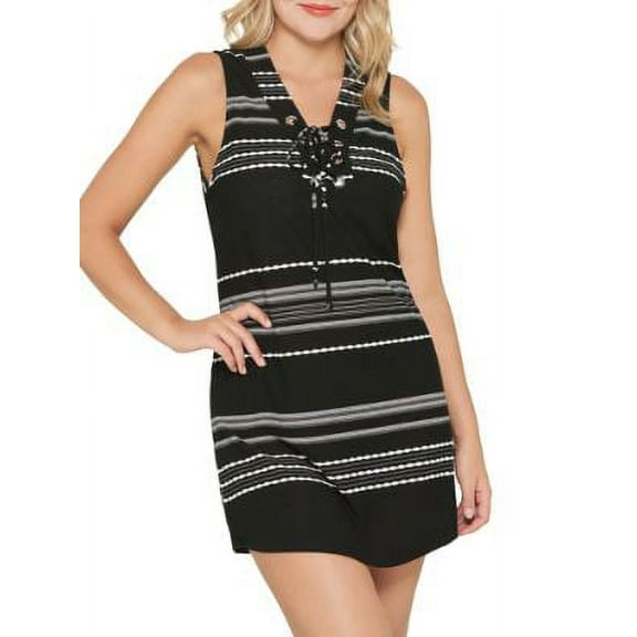 Dotti Dahlia Striped Lace-Up Tunic Cover-Up Womens Swimsuit, Black, XL