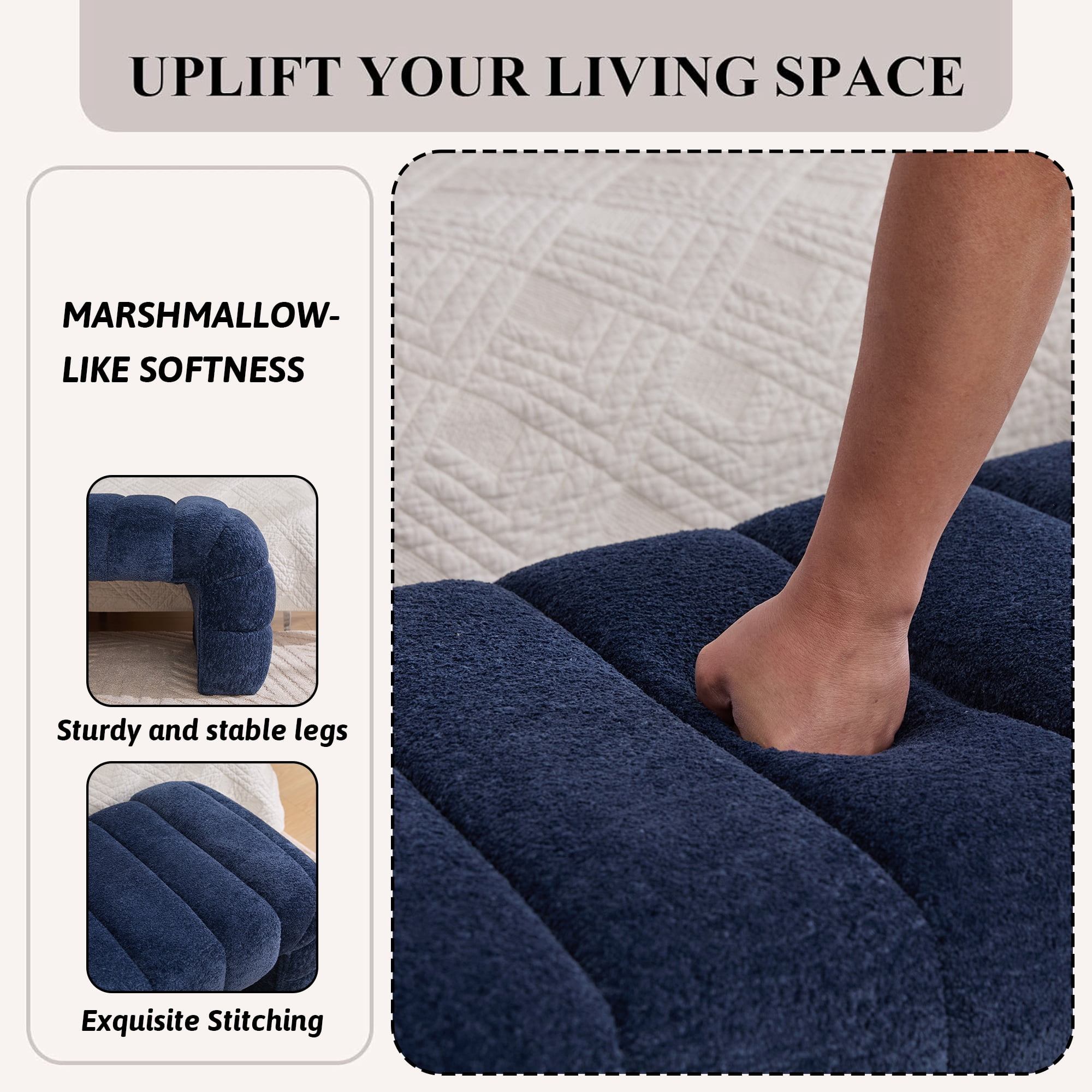 HIUU 70"Blue Bench for Bedroom,Bed Benches for Foot of Bed with Streamline Design,Fabric Ottoman Bench with Soft Teddy Fabric,Modern Bedroom Benches for Living Room and Bedroom, Entryway