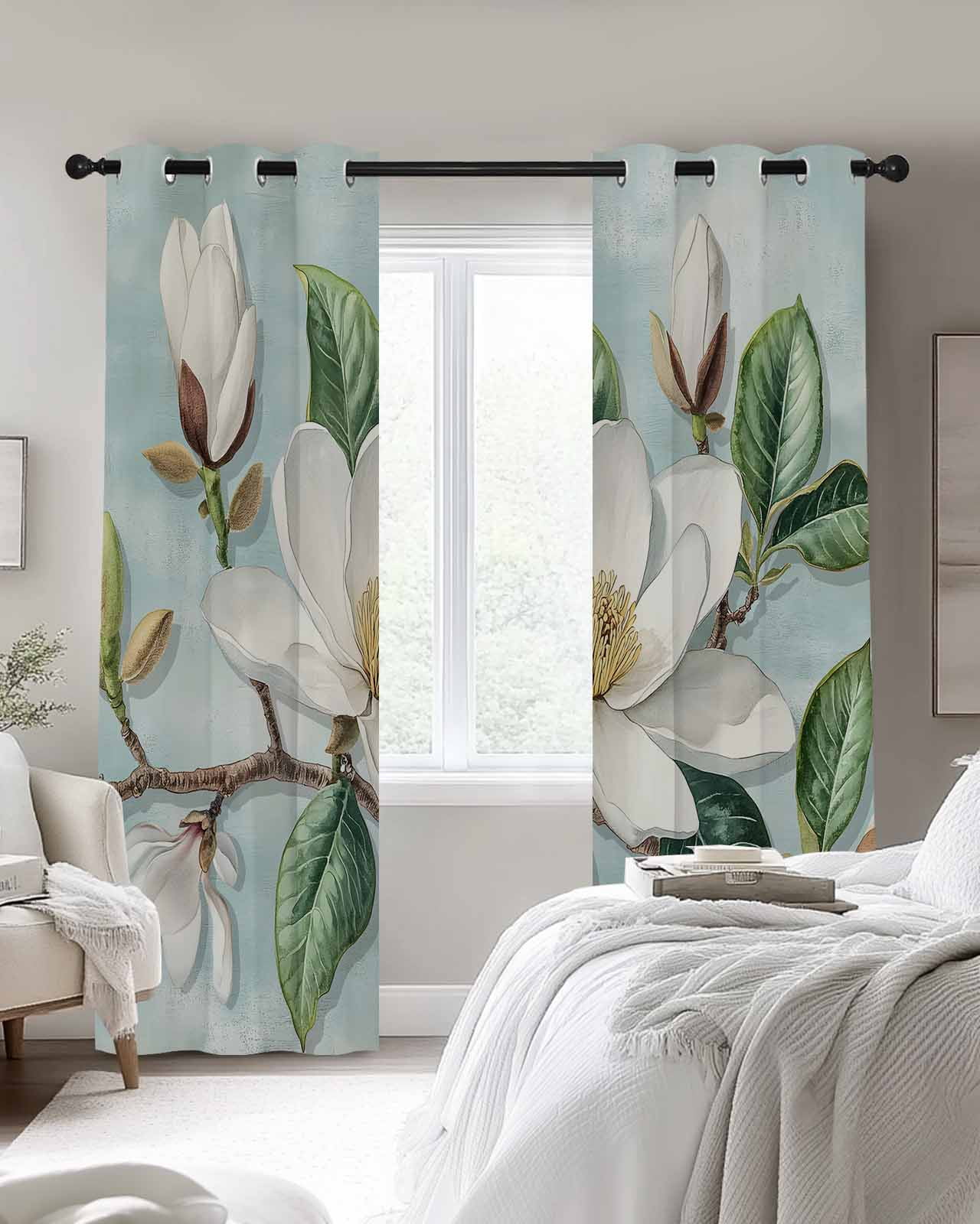 Magnolia Flowers Blackout Curtains 84 Inches Long, Retro White Floral 2 Panels, Thermal Insulated Room Darkening Drapes with Grommets, 52W x 84L Each Panel