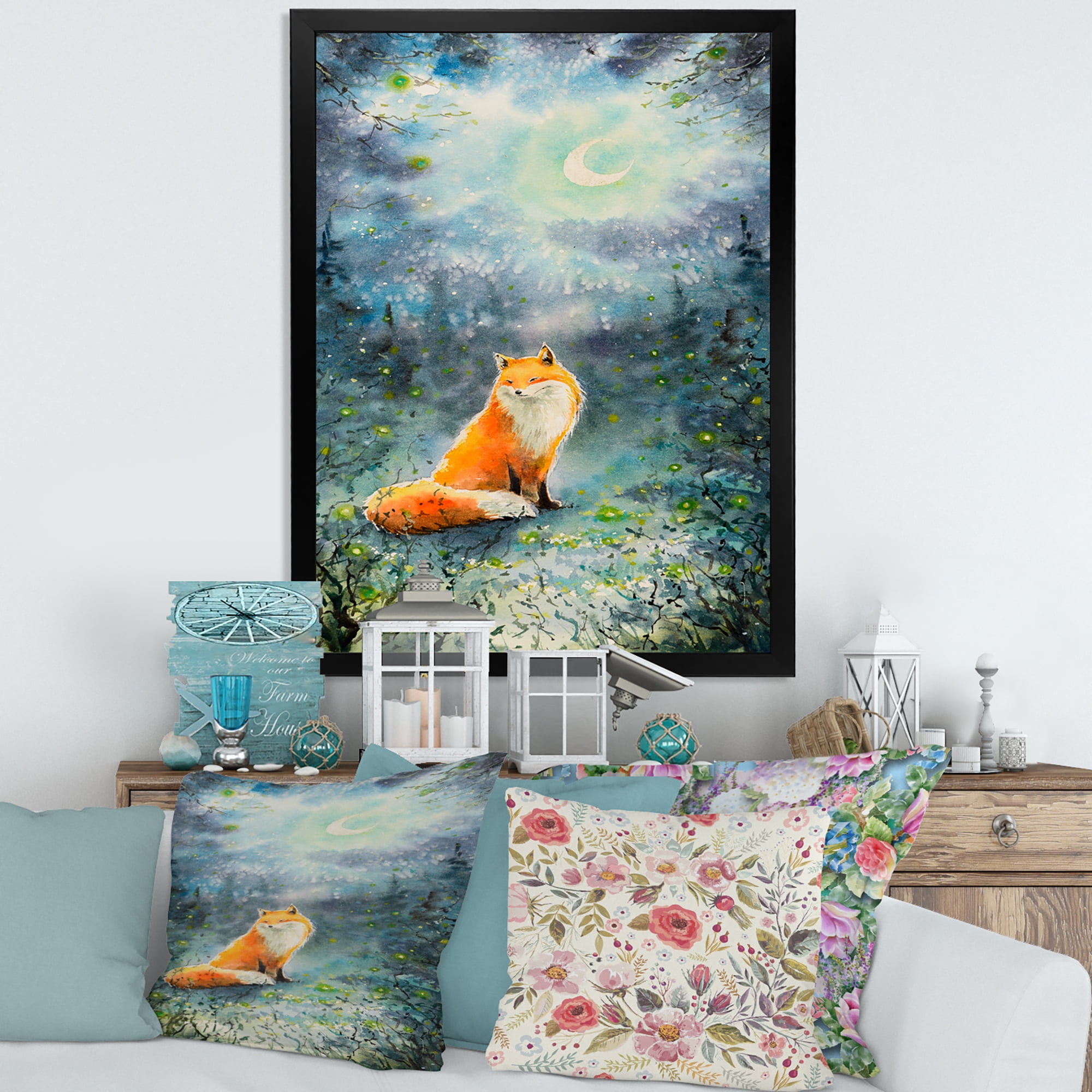 Designart 'Fox Over A Night Sky With Moon' Children's Art Framed Art Print