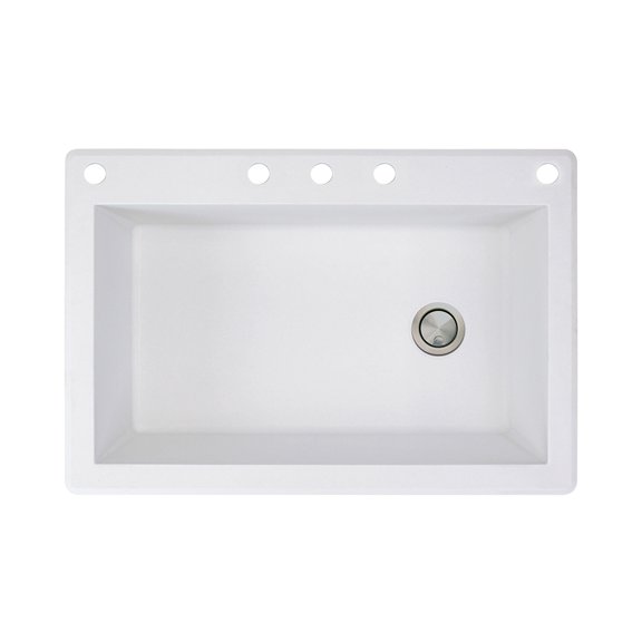 Transolid Radius 33in x 22in silQ Granite Drop-in Single Bowl Kitchen Sink with 5 CABDE Faucet Holes, In White