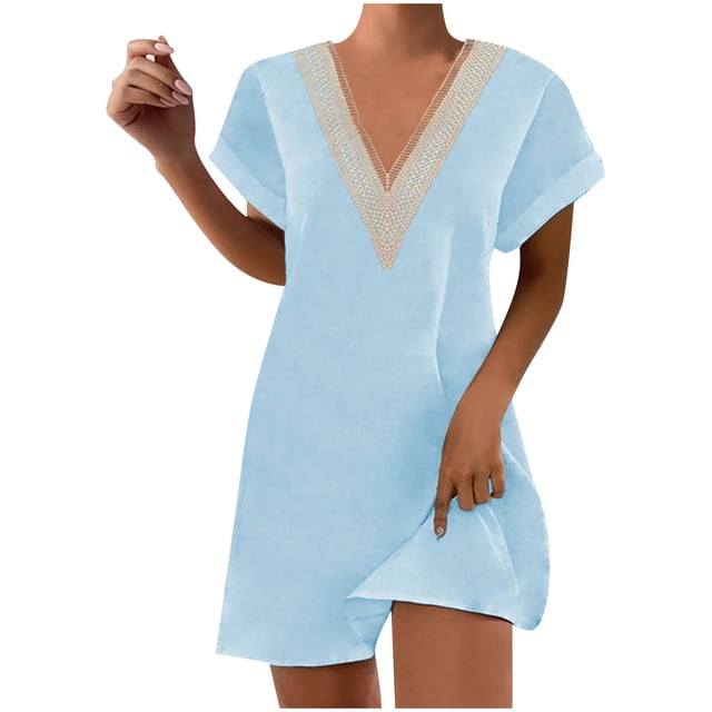 Birdeem Mode Femme Été Uni Décontracté Col en V Manches Courtes Vacances Robe en Dentelle