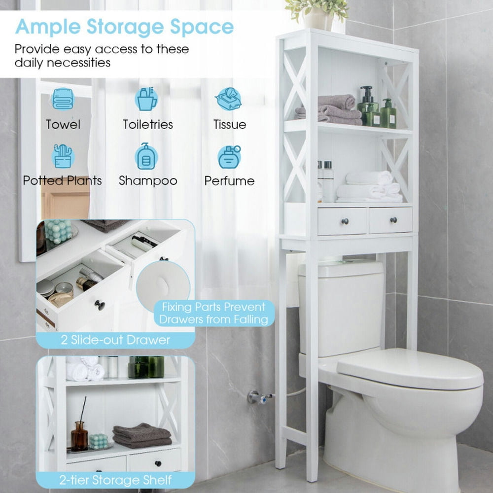 Finihen Toilet Storage Cabinet, Bathroom Cabinet Organizer, Toilet Space Saver Bathroom Organizer Storage Shelf with Drawers, for Bathroom, White