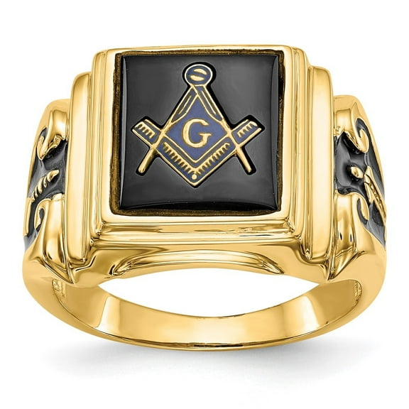 Auriga 10k Yellow Gold Men's Polished and Textured with Black Enamel and Onyx Masonic Ring Size- 10