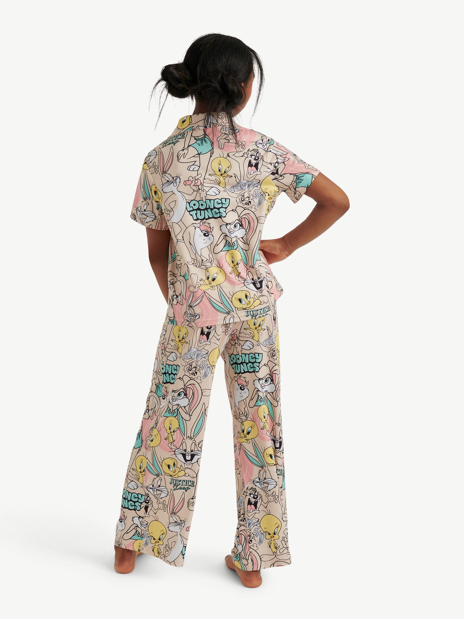Looney Tunes X Justice Girls Short Sleeve Button Front Sleep Top and Sleep Pants, 2-Piece, Sizes 5-18