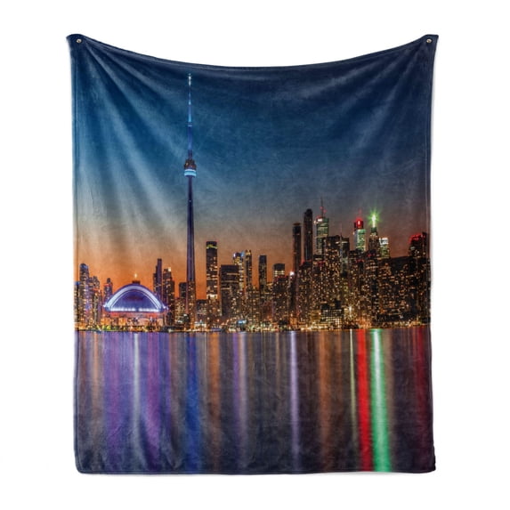 Landscape Soft Flannel Fleece Blanket, Urban Theme a Cityscape View of Toronto and the Skyscrapers at Dusk Digital Print, Cozy Plush for Indoor and Outdoor Use, 50" x 60", Dark Blue, by Ambesonne
