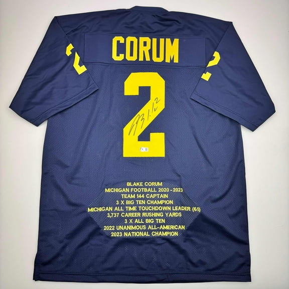 Autographed/Signed Blake Corum Michigan Blue Stat College Football Jersey Beckett BAS COA