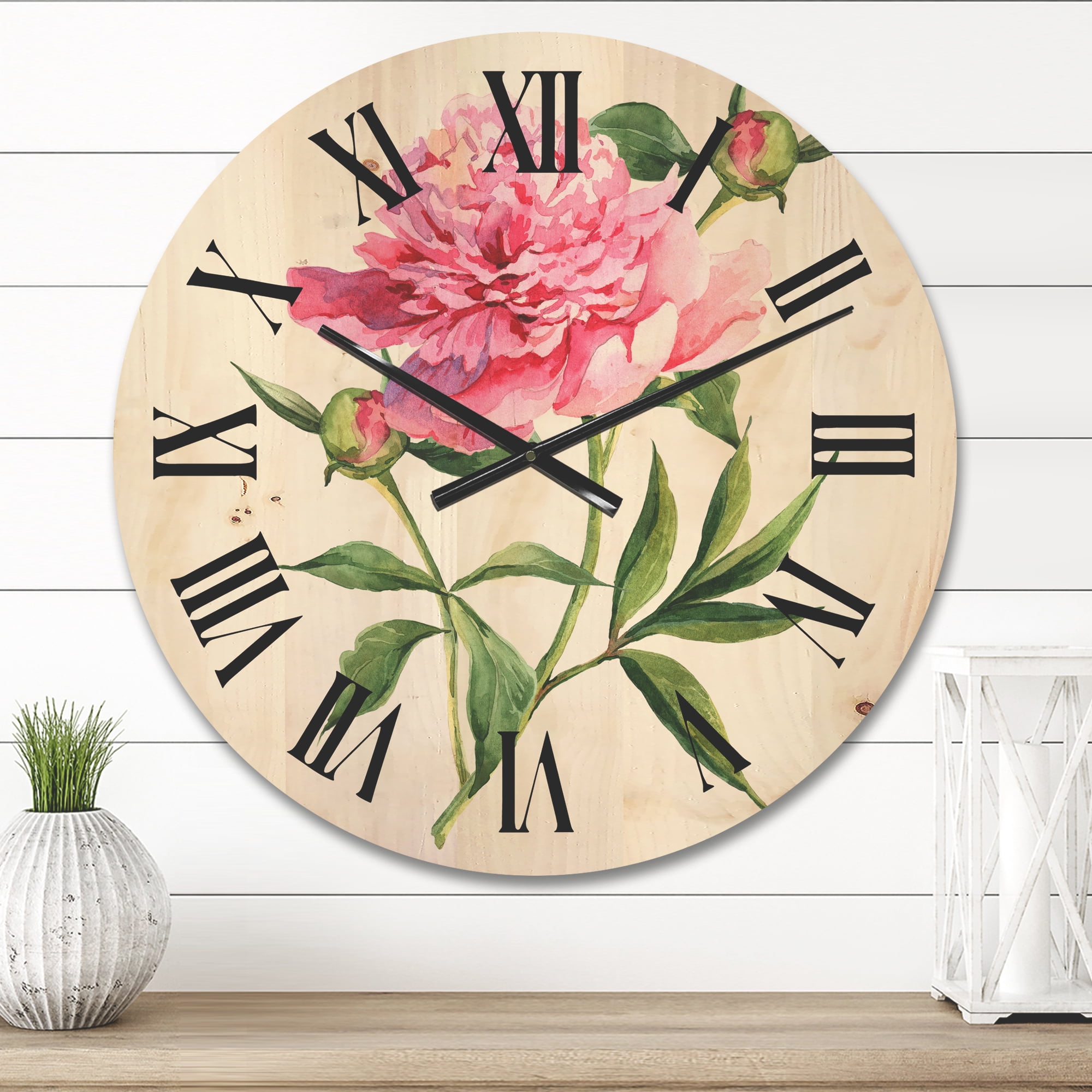 Designart 'Ancient Pink Peonies' Traditional Wood Wall Clock
