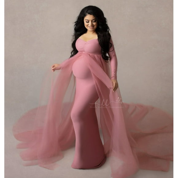 Hongchun Maternity Elegant Fitted Maternity Gown Long -Neck Slim Fit Maxi Photography Dress for Photoshoot