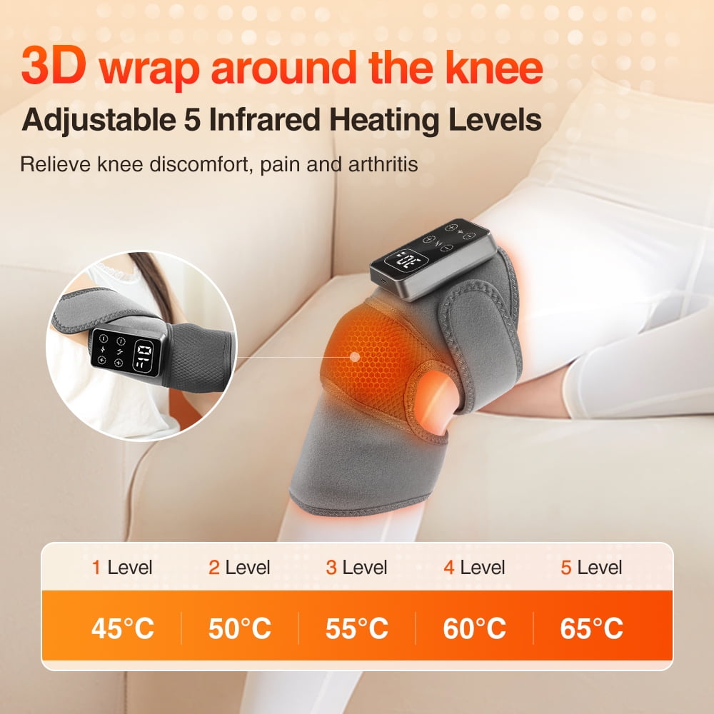 Cordless Knee Massager with Heat Vibration, Heated Knee Brace Wrap for Relief, Heating Pads for Knee, 5 Heat Levels and 3 Massage Mode, Knee Warmers for Men Women Relaxing